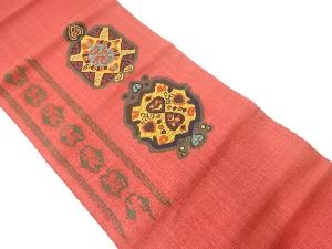 手織り紬更紗模様織出し袋帯